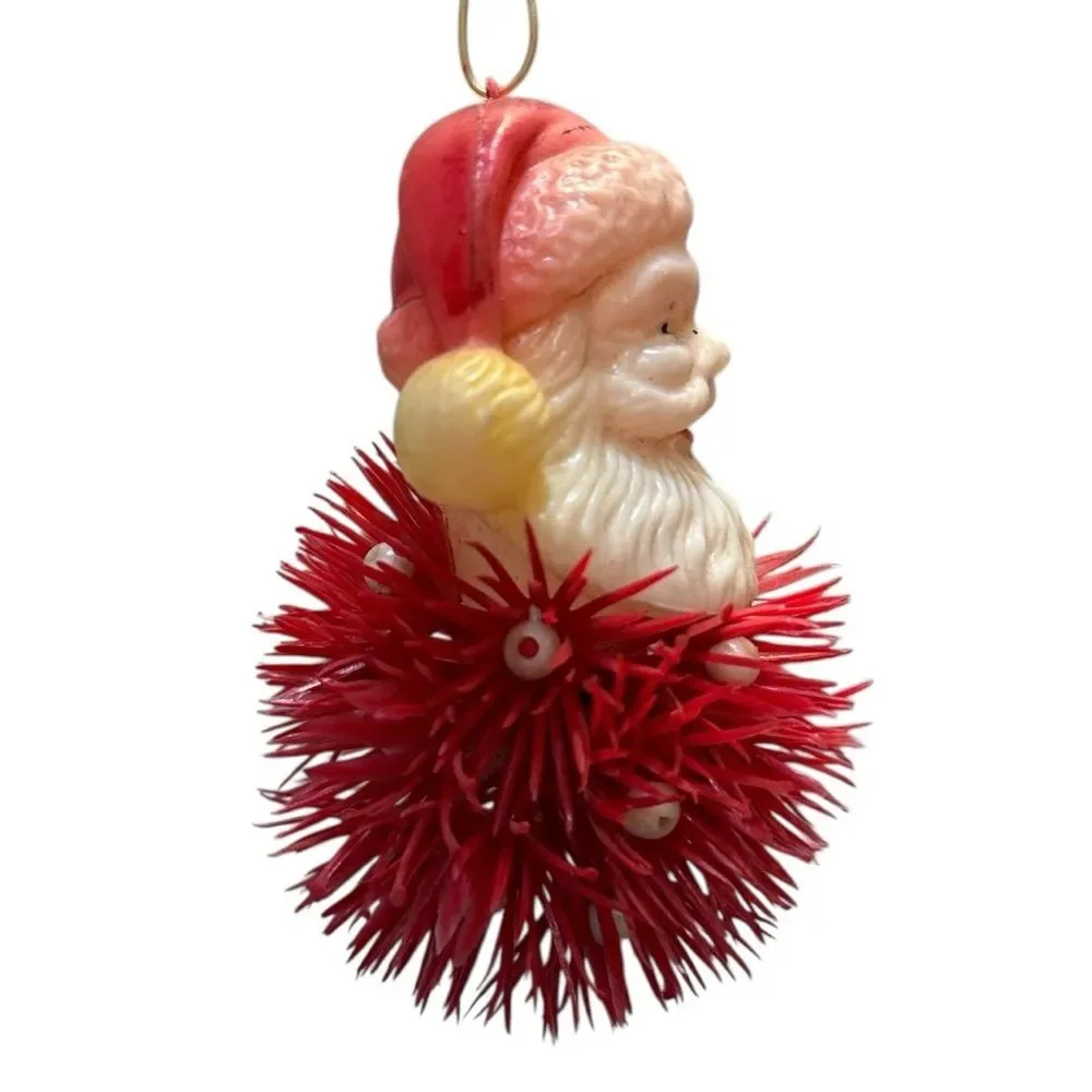 Mid Century 60s Santa Claus Christmas Ornament Plastic Head Porcupine Body VIDEO